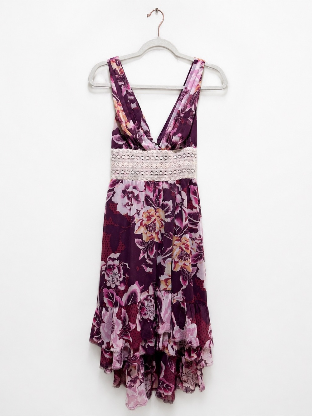Free People Floral Lace Trim High Low Dress Purple Plum Size 4